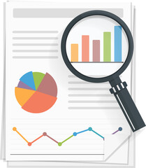 Papers with business report and magnifying glass