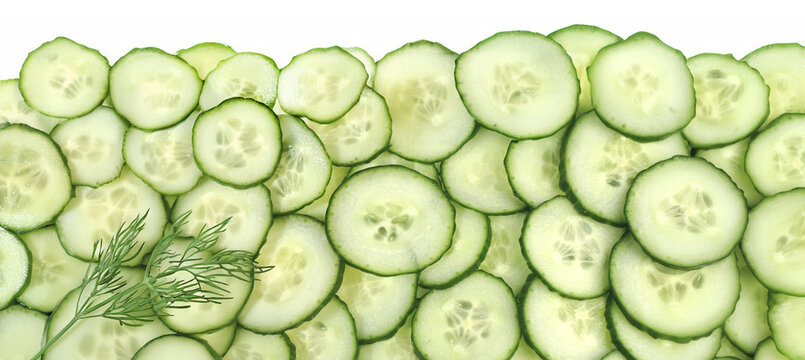 Cucumber slices panorama with dill on white background isolated