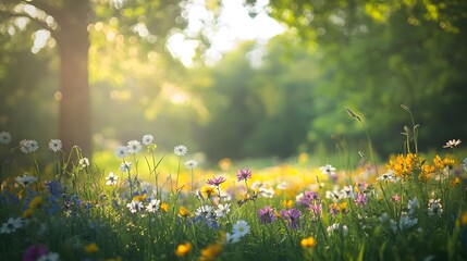 Obraz premium A field of colorful wildflowers basking in the warm glow of the setting sun, with a blurred forest background.