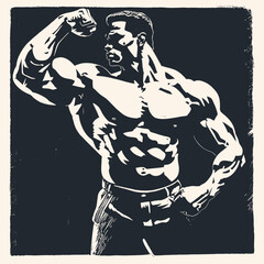 A bodybuilder with a naked torso demonstrates his muscles, vector illustration	