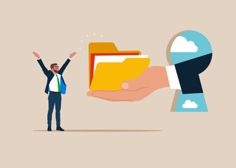 Boss helping hand give management files folder to happy office businessman worker. Career advancement, job promotion.  Flat vector illustration.