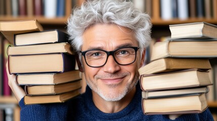 A man with glasses holding a stack of books in his hands, AI