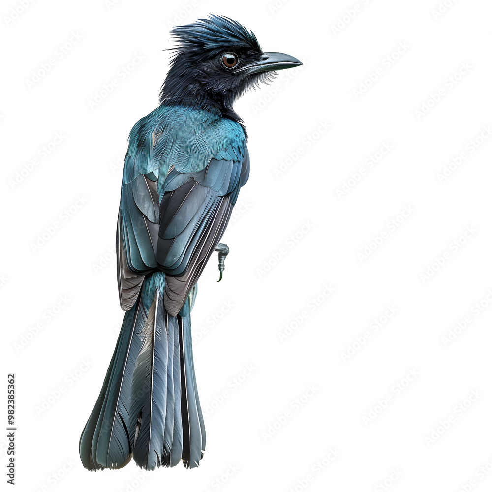 Poster gorgeous blue bird with intricate feathers, ideal for nature-inspired projects, set against a clear 