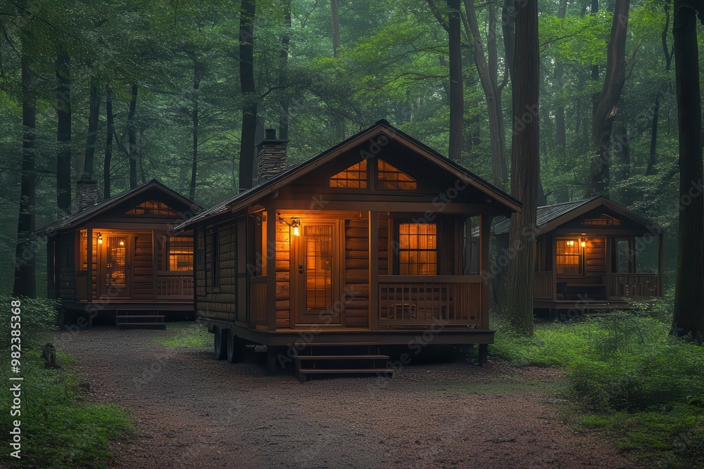 Wall mural cozy tiny house retreat two charming wooden tiny houses with quaint porches nestled in a secluded fo