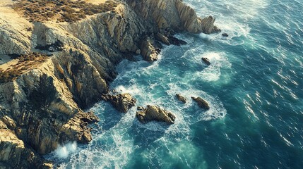 Obraz premium Aerial view of rocky coastline with waves crashing against cliffs and rocks.