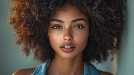 Fototapeta premium A woman showcases her striking curly hairstyle and captivating features while smiling softly in warm afternoon light against a neutral background