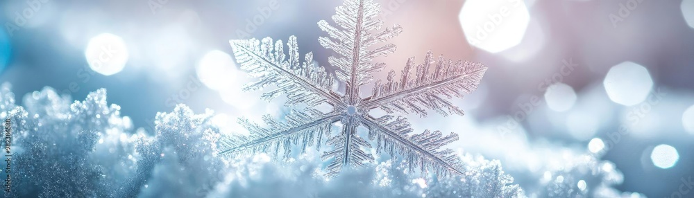 Poster A close-up view of a beautiful snowflake resting on soft snow, capturing the delicate details and glistening texture of winter.
