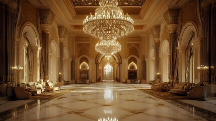 Fototapeta premium A grand and opulent hallway with a large chandelier, marble floors, and plush seating.