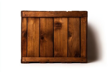 Rustic wooden crate with worn texture, white background, isolated, vintage storage solution