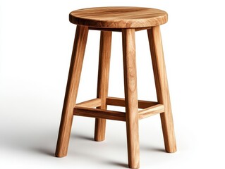 Wooden stool with simple round seat, white background, isolated, minimalistic furniture design