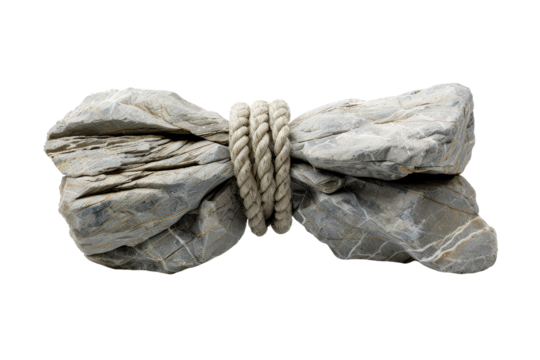 A creatively tied knot of rocks bound together with a rope, showcasing innovative art in natural materials and unique design.