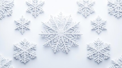 A collection of intricate white snowflakes arranged on a soft, neutral background, perfect for winter or holiday themes.