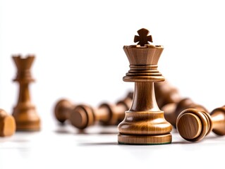 Wooden chess pieces, white background, isolated, traditional and elegant design, clean and sharp