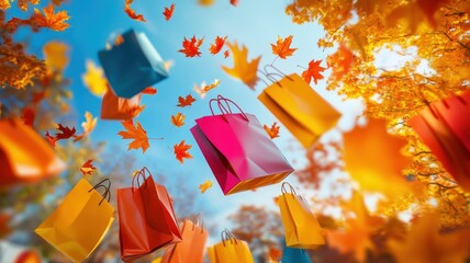 Colorful shopping bags falling on blue sky and maple leaf in autumn park background,black friday concept,sale or Discount banner,Template for promotion,advertising,web,social and autumn season.