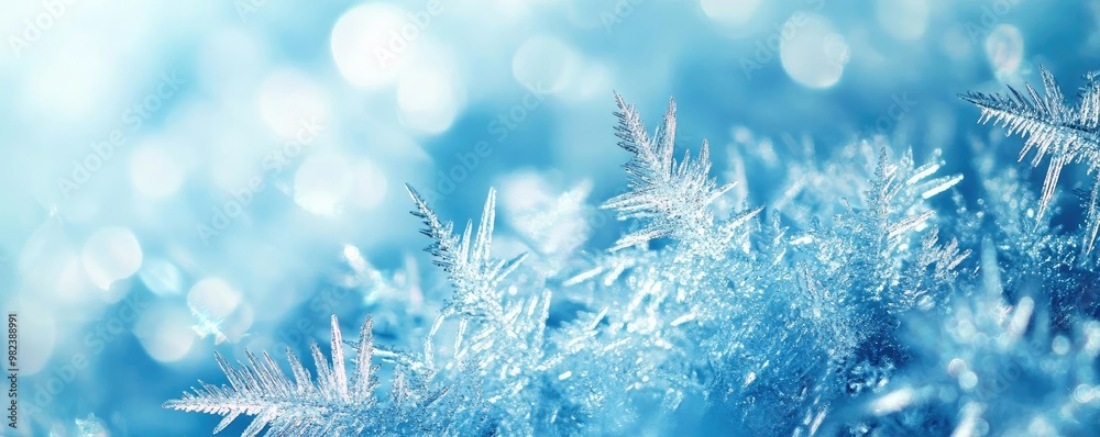 Poster A close-up image of intricate frost patterns against a soft blue background, evoking a serene winter atmosphere.