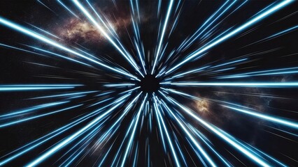 Dynamic image of blue light streaks radiating from a central point creating an impression of high-speed movement or hyperspace travel