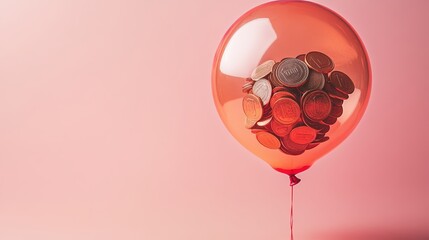 Balloon filled with coins on a pink background, symbolizing financial inflation and rising costs in a creative and impactful way.