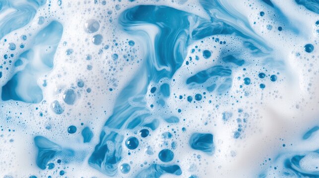 Foamy blue soap bubbles creating an intricate texture, filled with detailed foam and froth, representing cleanliness, freshness, and the refreshing sensation of soapy water