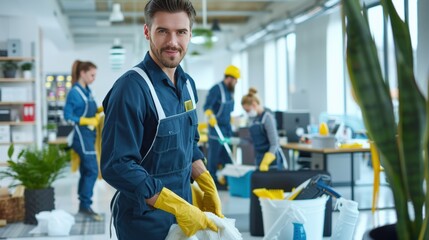 Cleaning Staff Working in Modern Office with Cleaning Supplies
