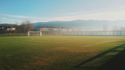 Empty soccer football field grass goalpost misty sunrise morning sunlight blue sky mountains outdoor sports training practice community park peaceful scenic
