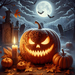 Halloween pumpkin background featuring spooky jack-o-lanterns on a black backdrop, perfect for autumn celebrations	