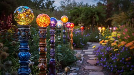 Moonlit garden with ornate ceramic garden posts adorned with colorful glass orbs
