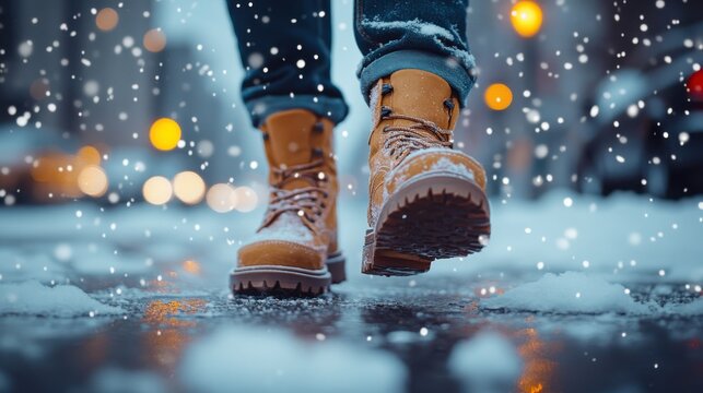 Close-up of brown hiking boots walking on a snowy path, with snowflakes falling. Winter trekking, adventure, and outdoor exploration in cold weather conditions.