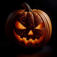 Halloween pumpkin background featuring spooky jack-o-lanterns on a black backdrop, perfect for autumn celebrations	