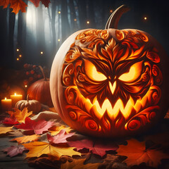 Halloween pumpkin background featuring spooky jack-o-lanterns on a black backdrop, perfect for autumn celebrations	
