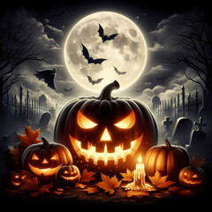 Halloween pumpkin background featuring spooky jack-o-lanterns on a black backdrop, perfect for autumn celebrations	