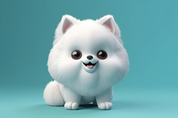Obraz premium A fluffy white dog with a playful personality sits happily against a bright teal backdrop, showcasing its cute features and expressive eyes