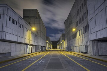 Empty concrete road in the middle of concrete buildings at night