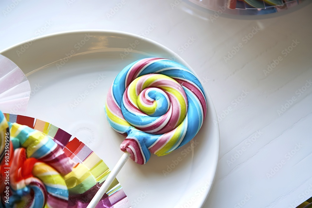 Wall mural Tasty appetizing party accessory sweet treat swirl candy lollypop on bright background