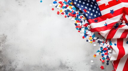Obraz premium Patriotic Voting Day Celebration - Flag, Badges & Confetti