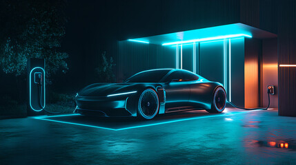 Futuristic Electric Car Charging in Neon Light Setting