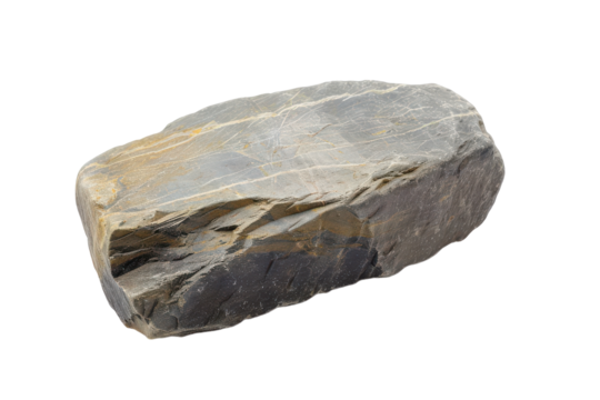 A large, flat rock sits on a white background, showcasing its natural texture and earthy colors during daylight.