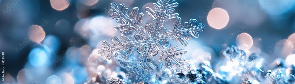 Aufkleber close-up of a delicate snowflake with shimmering details, surrounded by a soft bokeh background, per