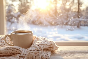 A steaming cup of coffee rests on a knitted blanket in front of a snowy winter scene.