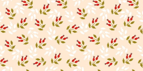 Rosehip branch delicate seamless pattern. Vector background for printing on fabric, paper, packaging, wallpaper.