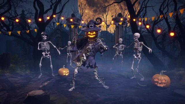 Haunted Halloween party: spooky pumpkin and scary skeletons dances under full moon in misty ancient graveyard. 3D animated background for greeting cards, invitations, posters, events, parties