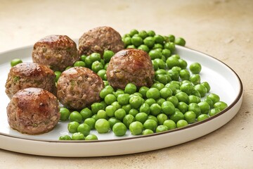 Served Meatballs with cooked green peas