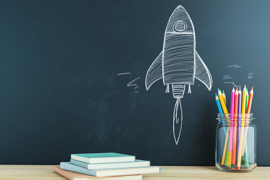 ack to school concept with chalkboard and supplies on wooden desk. 3D Rendering