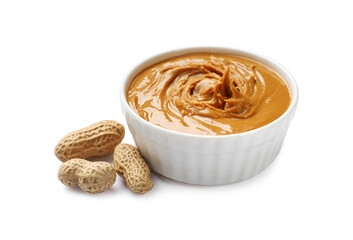 Tasty peanut butter in bowl and groundnuts isolated on white