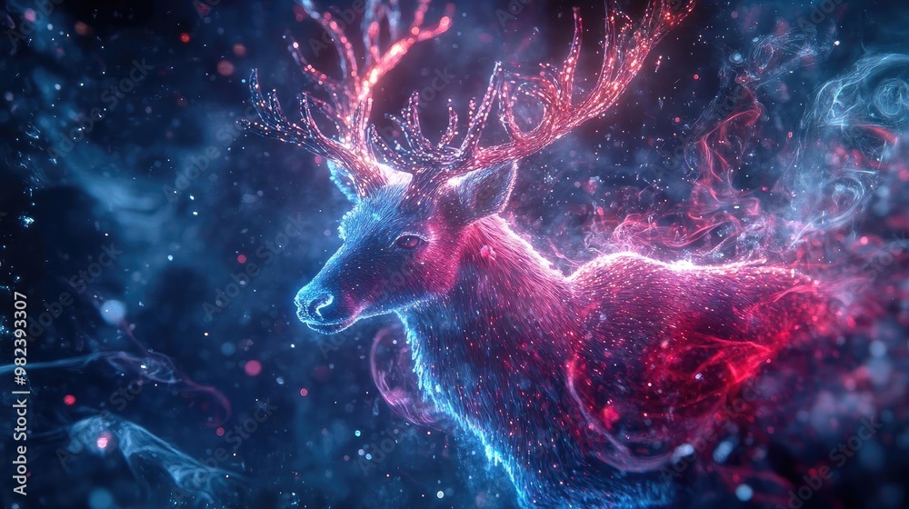 Poster a mystical deer surrounded by vibrant colors and ethereal lights, creating a dreamlike and enchantin