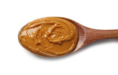 Tasty peanut butter in spoon isolated on white, top view
