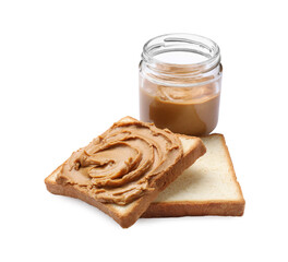 Peanut butter in jar and pieces of bread isolated on white
