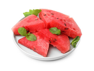 Pieces of tasty watermelon and mint isolated on white
