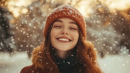 Young woman smiling in a snowy park, wearing a warm hat while enjoying a winter day with softly falling snowflakes around her