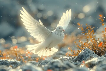 Fototapeta premium dove flying over a scene of destruction, symbolizing hope