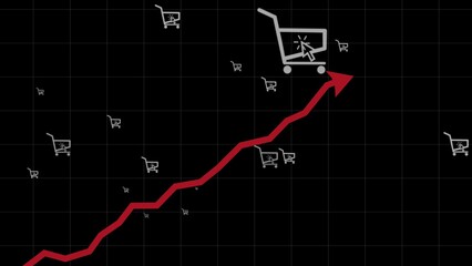 Online mobile shopping growth statistics data with cart and rising red arrow animation